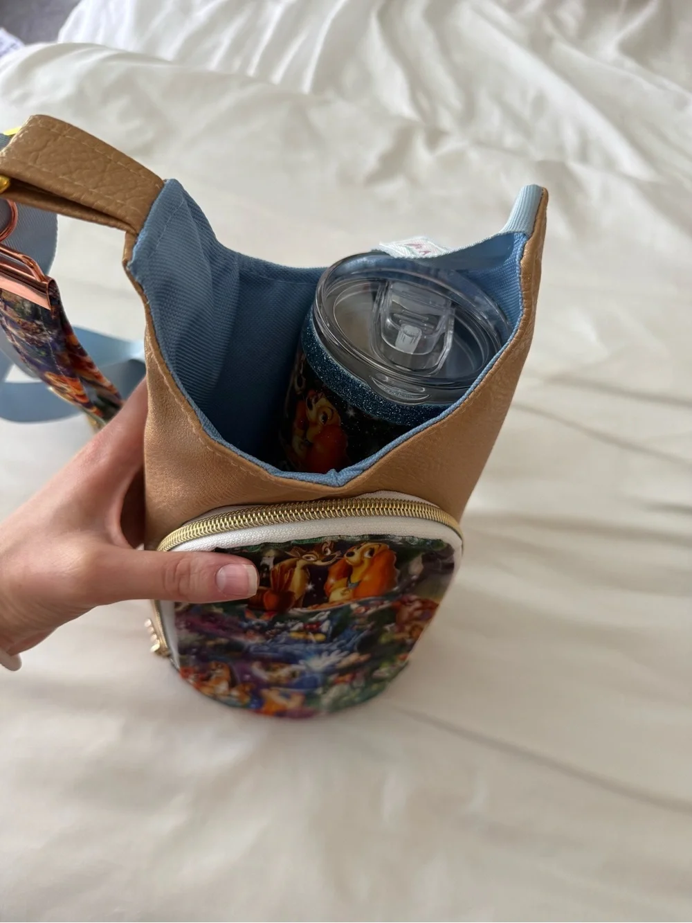 Disney Rose Gold Crossbody Water Bottle Bag with Blue Strap & Matching Ears
